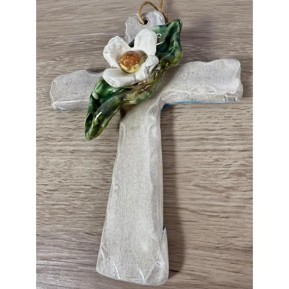 Ceramic Wall Cross, White Flower & Green Leaf, Ballyhoo Hanging Wall Art